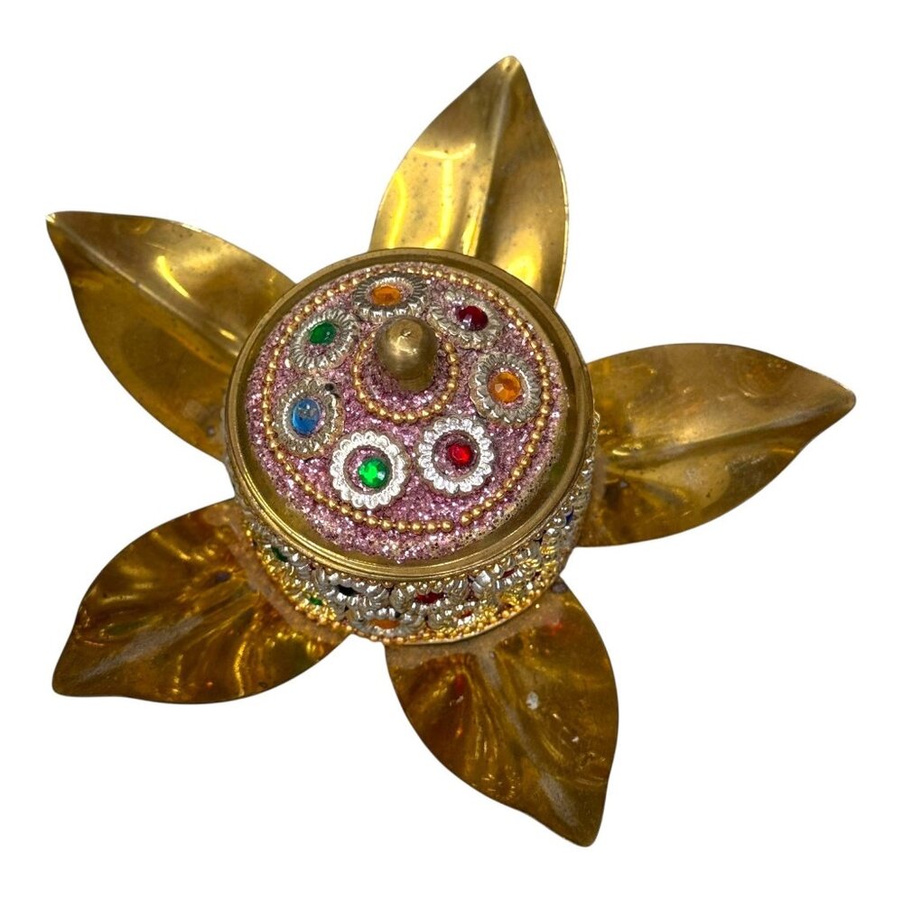 Decorative Brass Trinket Box Lotus Kumkum Jeweled Lid Sides Jewelry Ring Storage